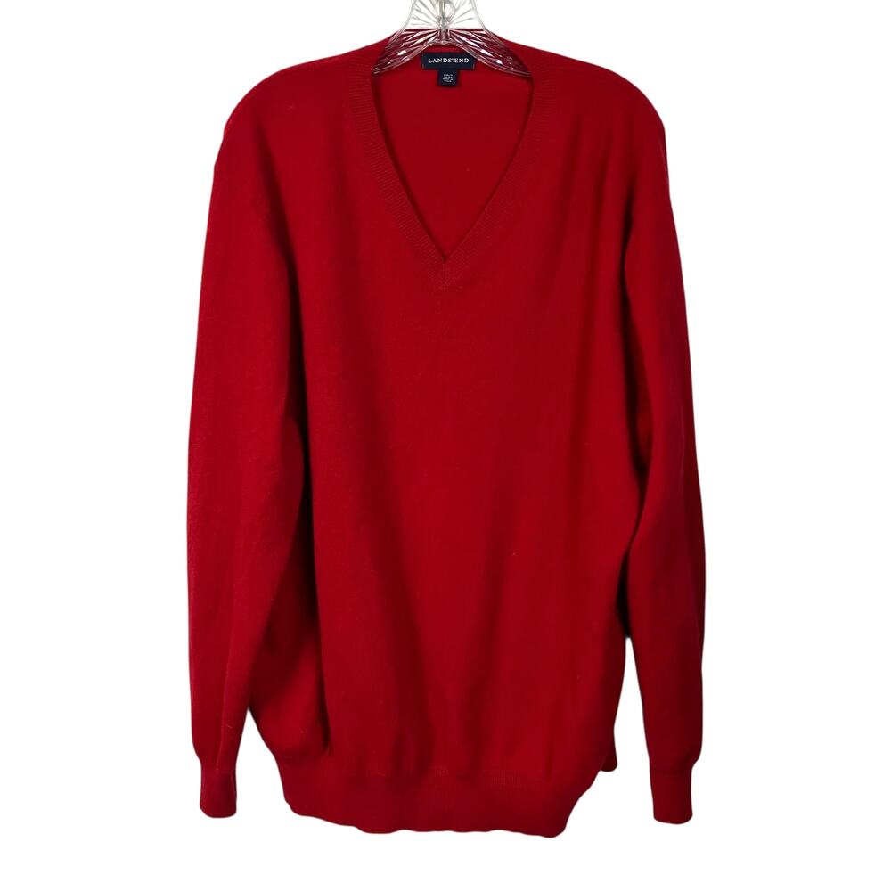 Men's Lands' End Cashmere Sweater XXL/T Red V-Neck 50-52 Classic Preppy Academia